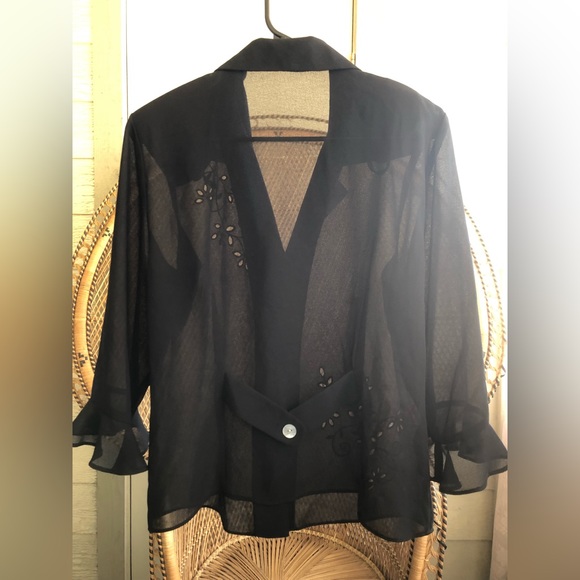 Vintage Women's Black Sheer Button-up Blouse w/Floral Embroidery Cutouts 90s/Y2K - Picture 2 of 5